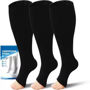 AMITOFO 플러스 사이즈 토 없는 압박 양말 20-30mmHg 와이드 종아리용 남녀용 순환 부종 하지정맥류 간호