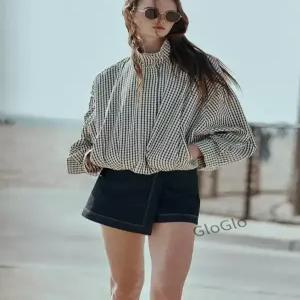 봄 여성용 긴팔 스탠드 칼라 체크 무늬 파일럿 재킷 아우터 캐주얼 스타일 스탠다드 핏 기타 소재
