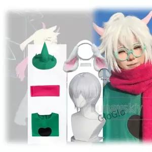 rune Ralsei 할로윈 프레 의상 가발 기어 푹 귀 머리띠 마법사 복장 그린 로브 핑크 스카프