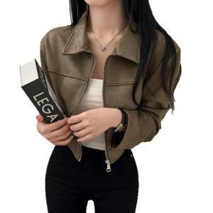 청수정 여성 봄가을 프렌치 빈티지 솔리드 컬러 슬림핏 지퍼 터틀넥 가죽 재킷 숏 코트 트렌드 KS