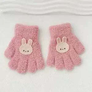 달콤한 곰 푹신한 장갑 꽃 토끼 패턴 솔리드 컬러 전체 손가락 니트