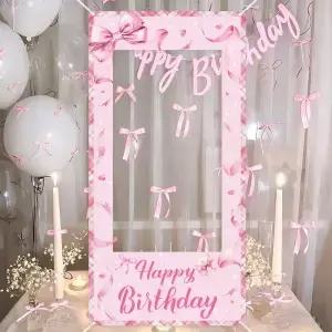 핑크 리본 생일 축하 포토 부스 소품 사진 프레임 첫 장식 웨딩 파티 용품