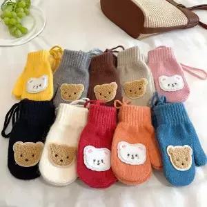 곰 장갑 가을 겨울 따뜻한 니트 끈이 달린 귀여운 단색 울 풀 핑거