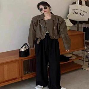 EAMT 여성 숏 가죽 코트 봄가을 슬림핏 옷 칼라 PU가죽 재킷 EUNG C