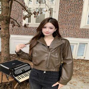 EAMT 여성 숏 가죽 코트 봄가을 슬림핏 옷 칼라 PU가죽 재킷 EUNG B
