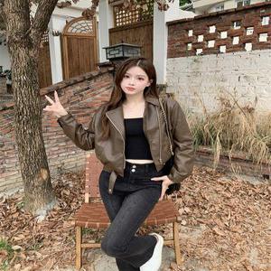 EAMT 여성 숏 가죽 코트 봄가을 슬림핏 옷 칼라 PU가죽 재킷 EUNG A
