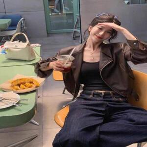 EAMT 여성 숏 가죽 코트 봄가을 슬림핏 옷 칼라 PU가죽 재킷 EUNG D