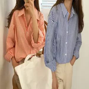 여성 컬러 단가라 세로 스트라이프 베이직 셔츠 남방