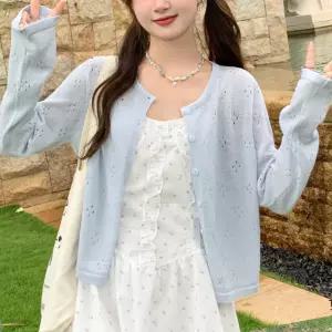 여성 여름 봄 휴양지 얇은 펀칭 긴팔 가디건 스카이
