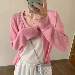 여성 여름 봄 휴양지 얇은 펀칭 긴팔 가디건 핑크