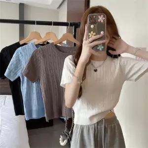 여성 슬림핏 골지 니트 반팔티 데일리 여름탑