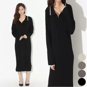카라 투톤 루즈핏 여자 블랙 니트 롱원피스 배색