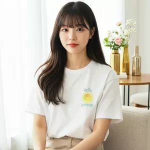 여자 레몬 프린팅 레터링 면 반팔 티셔츠 여름 흰 티