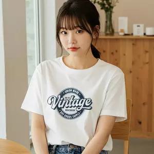 여성 반팔 면 티셔츠 레터링 프린팅 여름 기본 흰 티