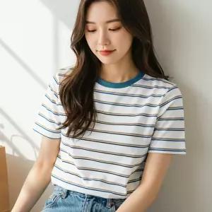 여성 스트라이프 라운드 여름 반팔 티 줄무늬 티셔츠
