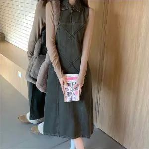 데님 롱 레이어드 카라 여자 워싱 원피스 민소매