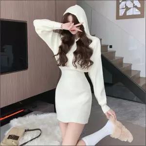 원피스 허리라인 미니기장 여자 꾸안꾸 니트 후드 2컬러