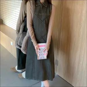 데님 여자 워싱 롱 민소매 카라 원피스 레이어드