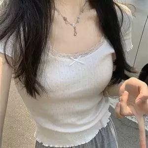 여성 여리 레이스 리본 프릴 반팔 티셔츠