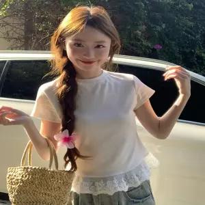 화이트컬러 러블리 레이스 포인트 슬림 반팔티셔츠