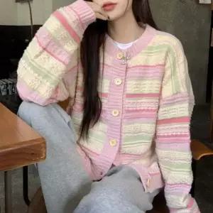 가디건 카디건 CD 아우터 여성 2컬러 페미닌룩 스트라이프 파스텔 긴팔