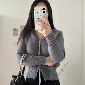 여성 니트 후드 집업 가디건 슬림핏 데일리룩