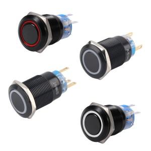 19mm 12-24V LED ON/OFF 검정색 방수 자동 잠금 래치 푸시 버튼 플랫 스위치