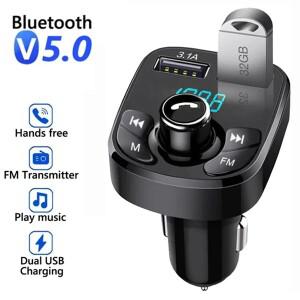 차량용 핸즈프리 블루투스 호환 5.0 FM 송신기 키트 MP3 변조기 플레이어 오디오 수신기 2 USB 고속 충전기
