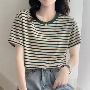 배색넥 가로줄무늬 루즈핏 반팔티 여성 레트로 캐주얼 여름 스트라이프상