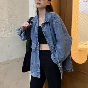 여성용 오버핏 스타일 자켓 블랙 연청 코디 패션디자인 데님