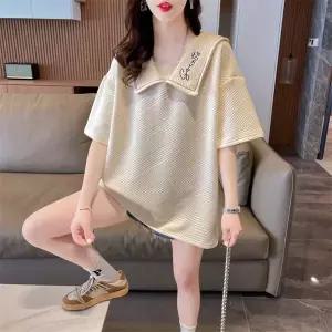 여성용 봄여름 반팔 상의 대형 깃 세라 블라우스 오버사이즈