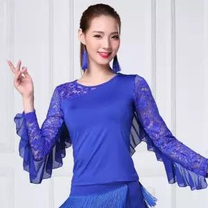 라틴댄스 연습복 상의 탱고 여성용 사교댄스 의상 발표회 공연복 블루 자이