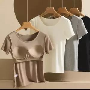캡내장 노 브라 티셔츠 반팔 티 면 스판 티셔츠 3color