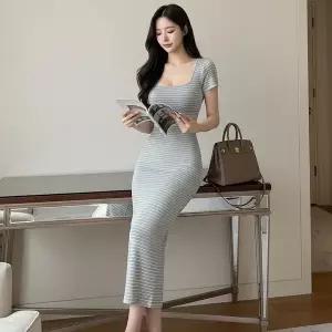 [옷자락]여자 스퀘어넥 단가라 니트 머메이드 롱원피스_P421537892