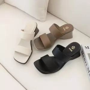 지쎄수제화 소가죽 와이드스퀘어 2-스트랩 뮬슬리퍼 웨지샌들 6cm-255빅 3color
