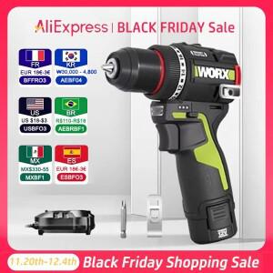 WORX WU135 무선 전기 드릴 12V 50Nm 1800rpm 브러시리스 모터 전기 스크루 드라이버 임팩트 드릴 금속 가