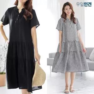 여성 여름 인견 캉캉 반팔 롱원피스 A라인 데일리 체크 단색 원피스1340387