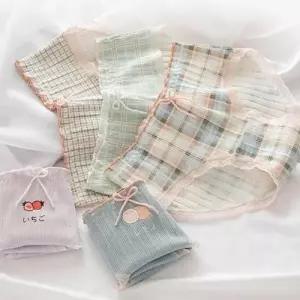 여자 체크 무늬 면 팬티 위생 심리스 햄라인 속옷 WEE91CA