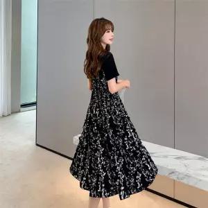 플라워 패턴 블랙 원피스 허리라인 미디 여자 여름 데일리룩(SS-265)핀턱 오피스 플레어 페미닌 꽃무늬 A라