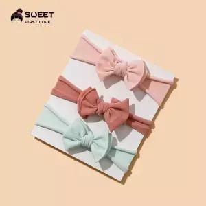 리본 매듭 신생아 머리띠 솔리드 컬러 소프트 나일론 탄성 위한 헤어 액세서리 3 개/세트
