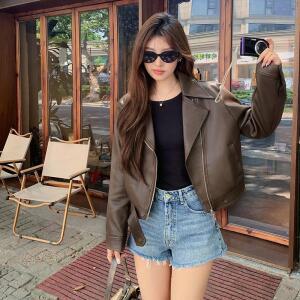 뽀뇨2 여성 브라운 PU가죽 코트 봄가을 숏자켓 모터사이클복
