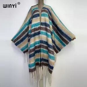 WINYI 겨울 기모노 여성용 태슬 가디건 코트 루즈한 크리스마스 원피스 로브 두껍고 따뜻한 스트라이프