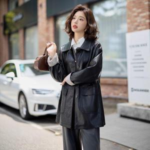 깜2 여성 복고풍 터틀넥 가죽 코트 하프 봄 가을 스트라이프 라이더 재킷