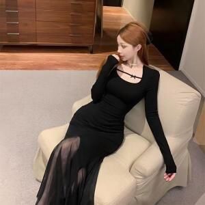 원픽 여성 블랙 머메이드 원피스 가을 슬림핏 힙업 스커트 프렌치 망사 롱스커트