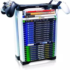 ADZ 게임 홀더 PS2 PSP 360 One Series X Wii Switch DVD 및 를 23개 저장 타워 랙 컨트롤러 마운트 2개