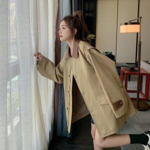 까점2 여성 봄가을 하프 카키 컬러의 캐주얼 가죽 트렌치코트