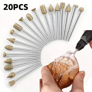 20PCS 다이아몬드 로터리 버 비트 세트 1/8 샹크 드레멜 공구용 유리, 석재, 세라믹 조각, 연마, 카빙용