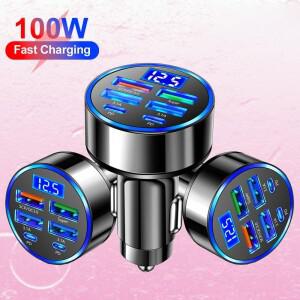 디지털 디스플레이가 있는 100W PD 차량용 충전기 고속 6-in-1 시가 라이터 플러그 플래시 어댑터