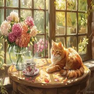 초보자를 위한 DIY 11CT 스탬프 크로스스티치 키트 꽃과 고양이 커피 디자인 - 벽 장식용 12x16인치 쉬운
