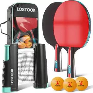 Lostook 프로용 탁구 라켓과 3스타 볼이 포함된 2/4 세트 전문 휴대용 탁구대 클램프가 달린 네트 실내외